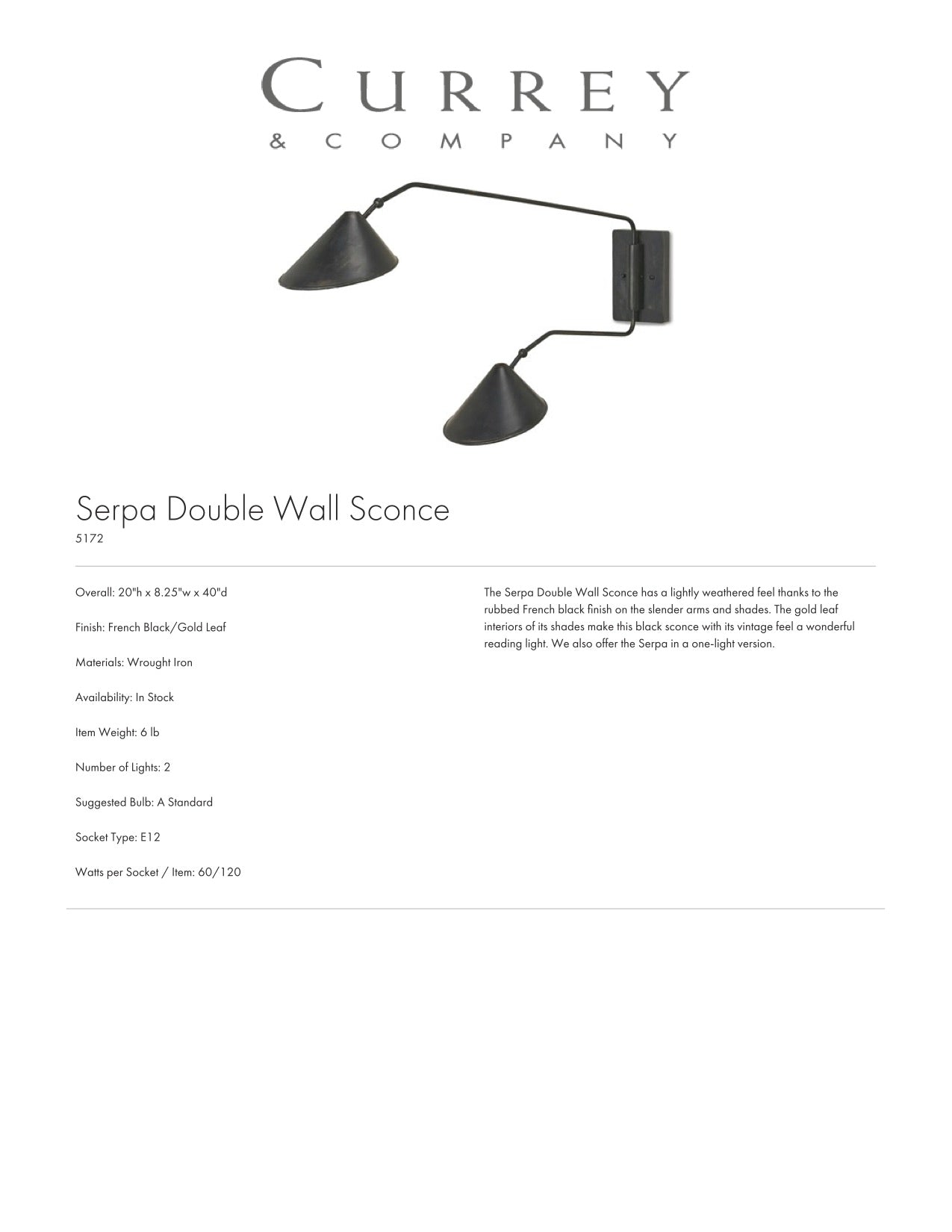 Currey & Company Serpa Double Wall Sconce Tearsheet