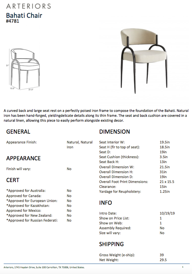 arteriors bahati chair tearsheet