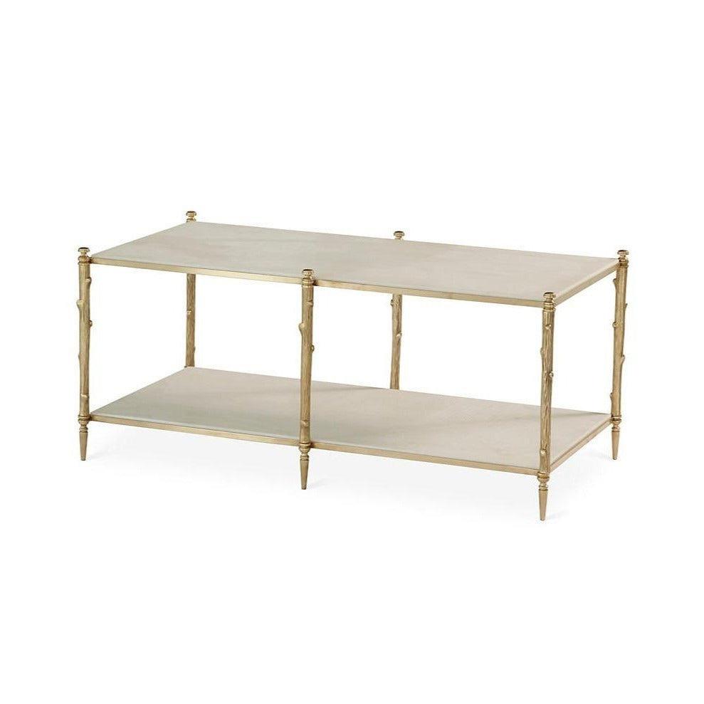 global views arbor cocktail table brass white marble shelves storage rectangle modern