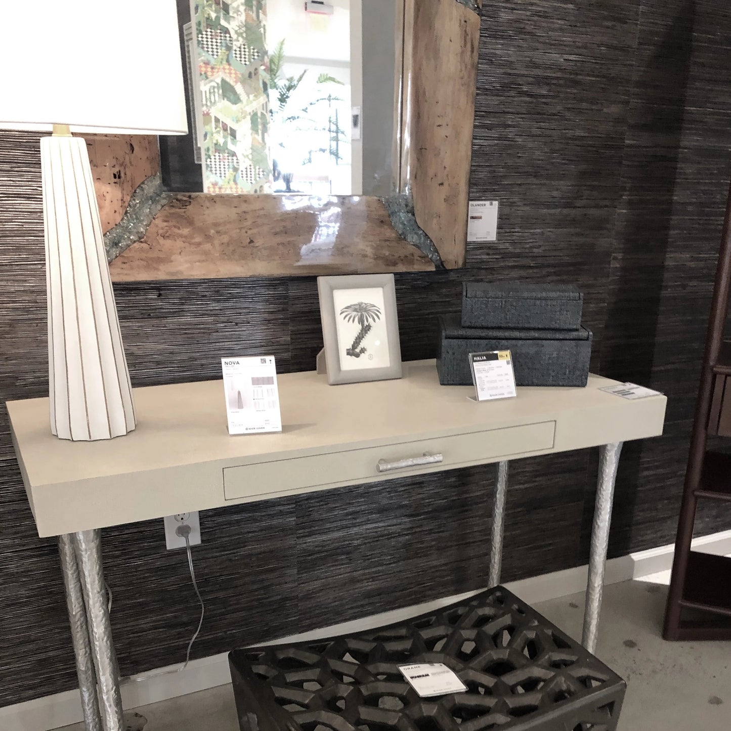 made goods nova table lamp white cement silver leaf showroom