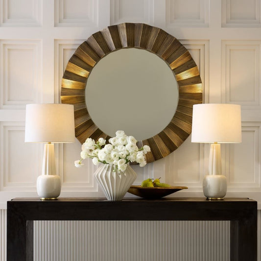 Ivory ceramic table lamp with a neutral lampshade, styled on a hallway table for soft entryway lighting