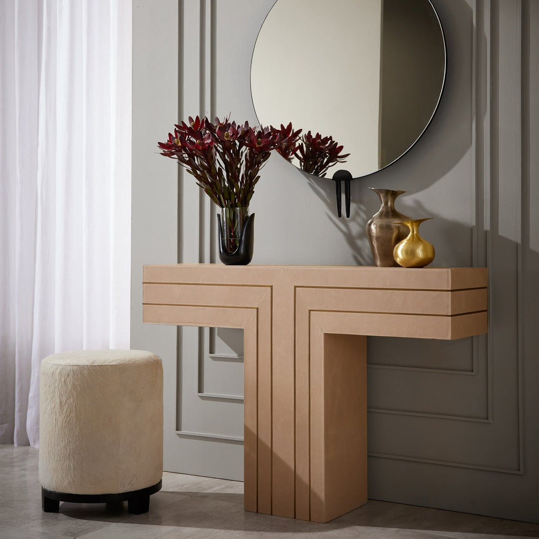 Romeo Console Taupe Leather and Antique Brass