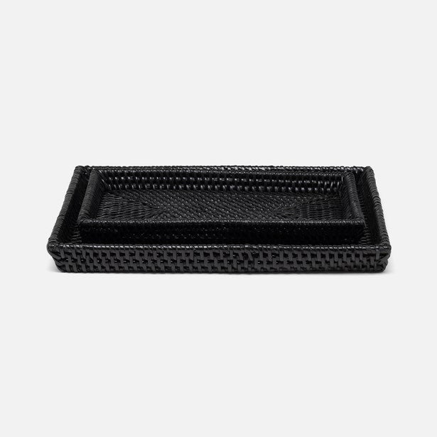 black rattan tray set on a white background