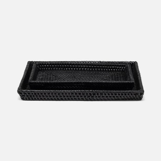 black rattan tray set on a white background