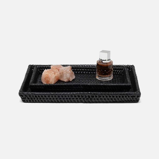 black rattan tray set on a white background