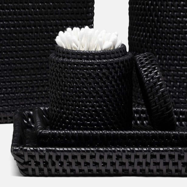 black rattan tray set on a white background