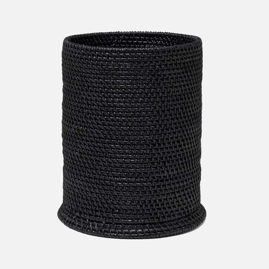 A black woven basket with a cylindrical shape and a textured, braided pattern, shown against a plain light gray background.