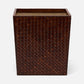 A rectangular woven leather storage bin or basket with a dark brown textured pattern, shown on a light gray background.