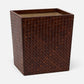 A square woven basket-style trash can or storage bin in dark brown, shown on a clean light gray background.