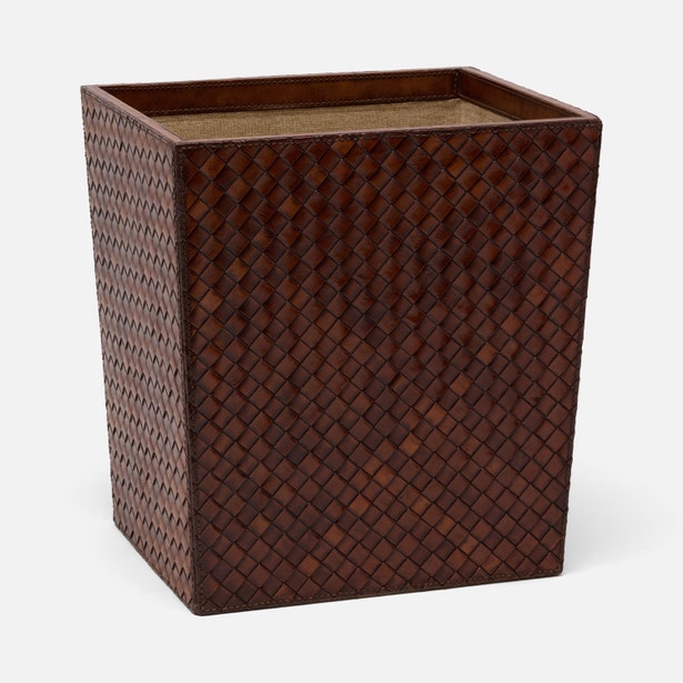 A square woven basket-style trash can or storage bin in dark brown, shown on a clean light gray background.