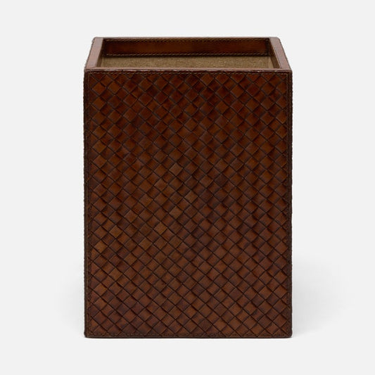 A rectangular dark brown woven leather box with an open top, shown against a plain light gray background.