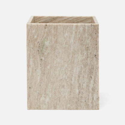 A square marble wastebasket with natural veining, shown against a plain white background.