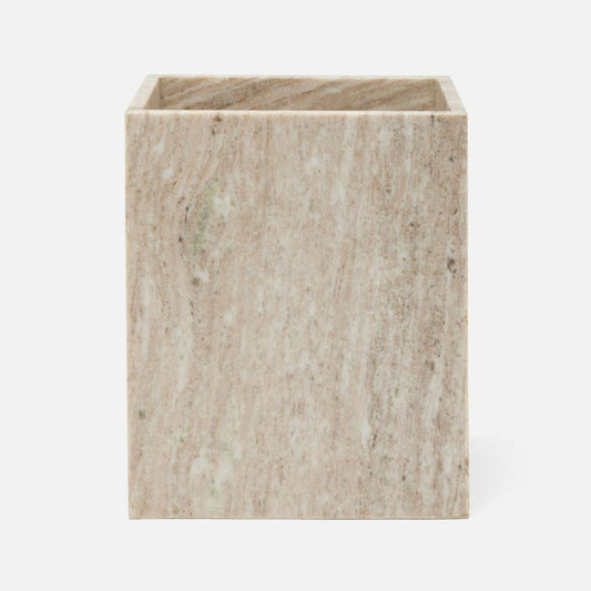 A square marble wastebasket with natural veining, shown against a plain white background.