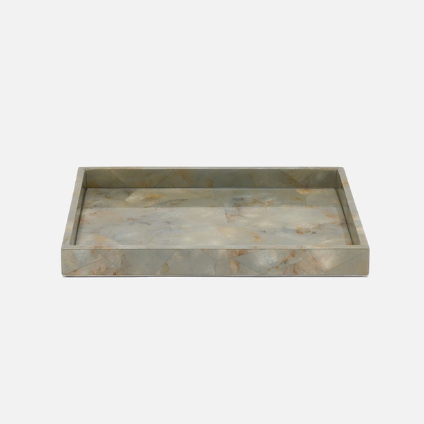 A rectangular stone tray with a recessed center, featuring a natural bone or mother-of-pearl style pattern in muted gray, beige, and soft brown tones, shown on a light gray background.