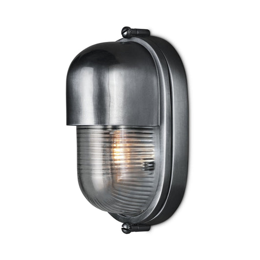 Metallic outdoor wall light fixture on a white background
