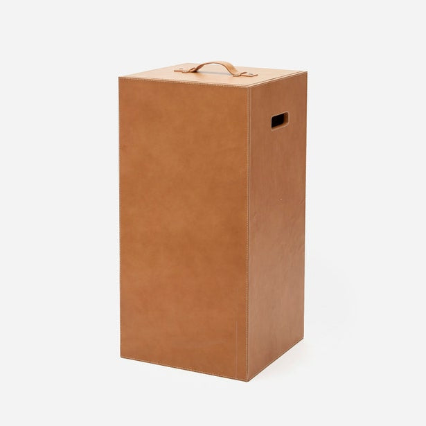brown leather square hamper 