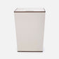 Rectangular trash can with a white body and brown trim on a white background