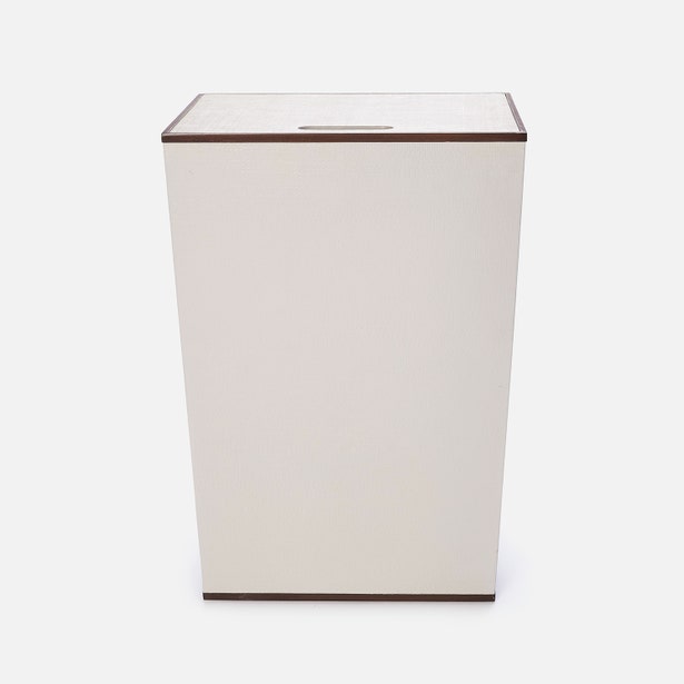 Rectangular trash can with a white body and brown trim on a white background
