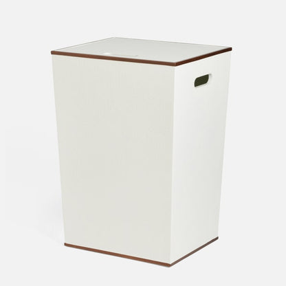 White laundry basket with brown wooden top and bottom on a white background