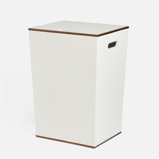 White laundry basket with brown wooden top and bottom on a white background