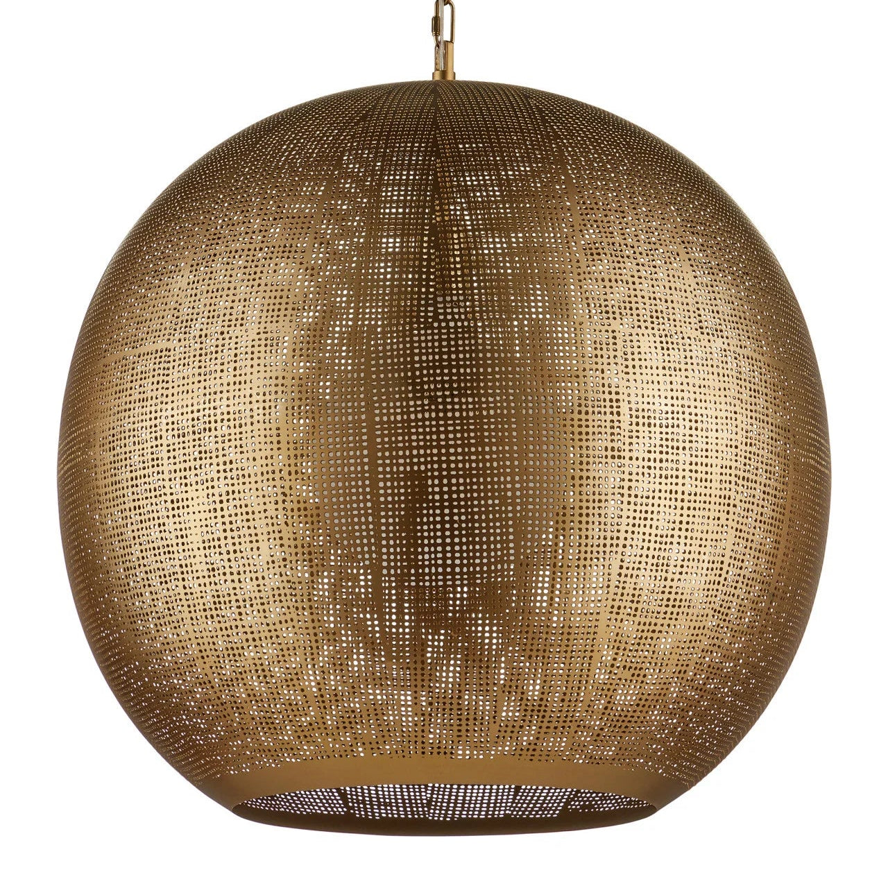 Gold spherical pendant light on a white background