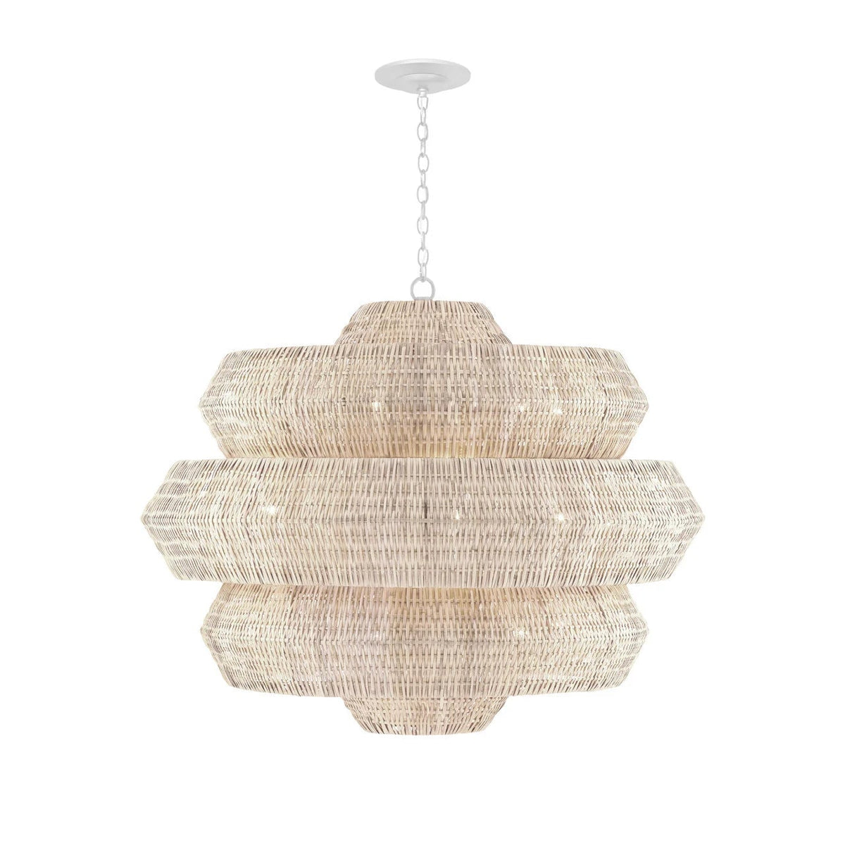 Decorative pendant light with a natural woven design on a white background
