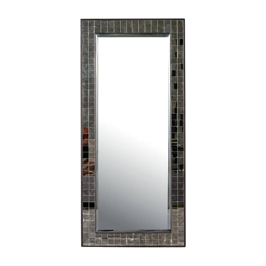Rectangular mirror with a decorative black mosaic frame on a white background