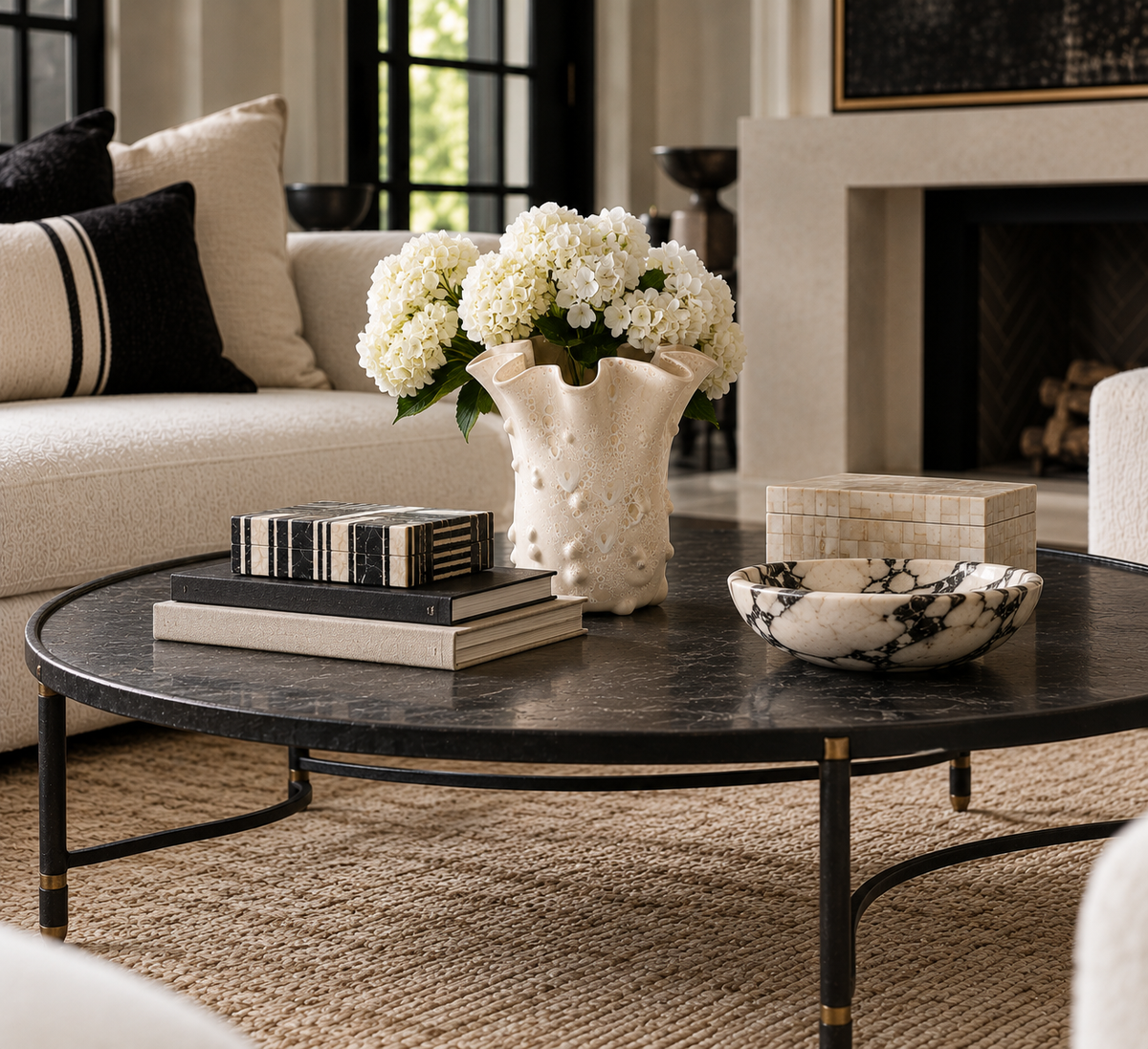 vase off white flowers coffee table living room