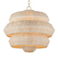 A multi-tiered pendant chandelier made of woven natural rattan or wicker, suspended from a gold-toned chain against a plain white background.