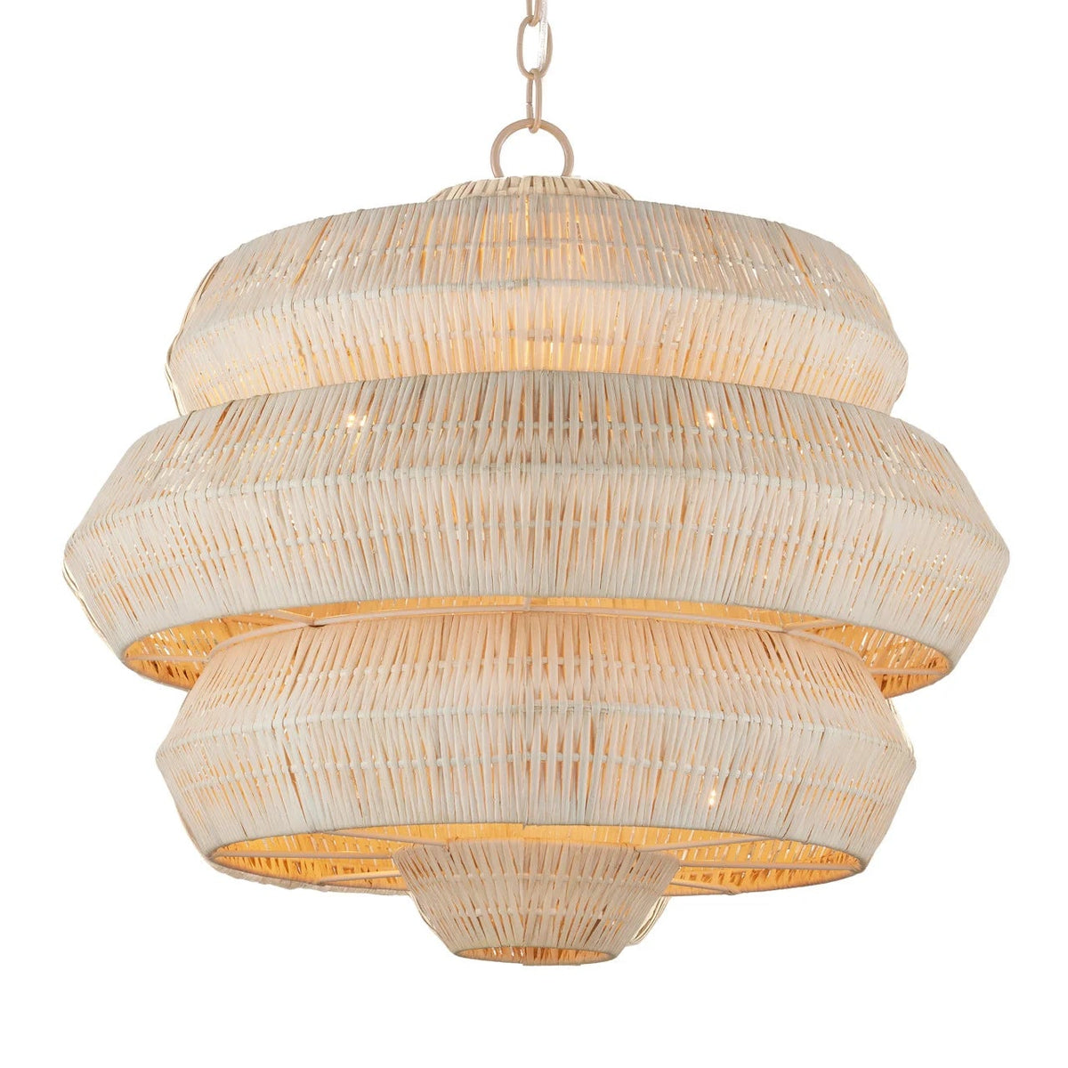 A multi-tiered pendant chandelier made of woven natural rattan or wicker, suspended from a gold-toned chain against a plain white background.