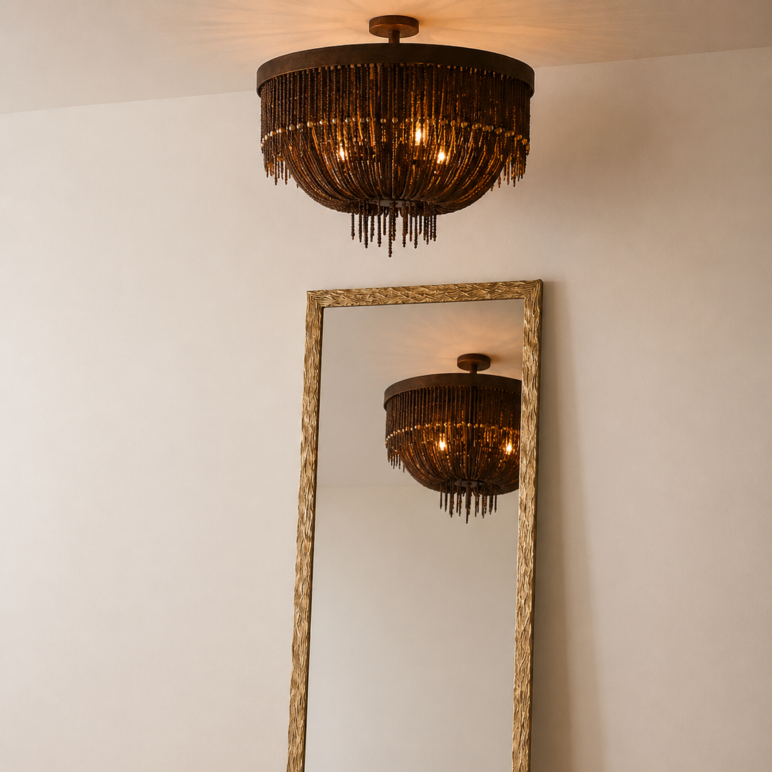 A dark bronze chandelier with hanging fringe is shown hanging from the ceiling, with a tall floor mirror below reflecting the light. The room has off-white walls and light wood flooring.
