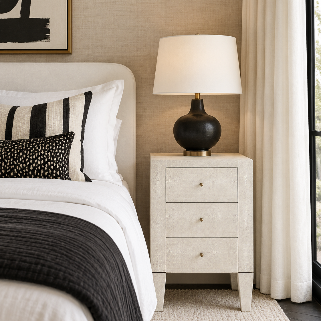 A modern bedroom scene featuring a light wood three-drawer nightstand beside a bed with white linens and a black throw blanket. The nightstand holds a black ceramic table lamp with a white drum shade and a gold base.