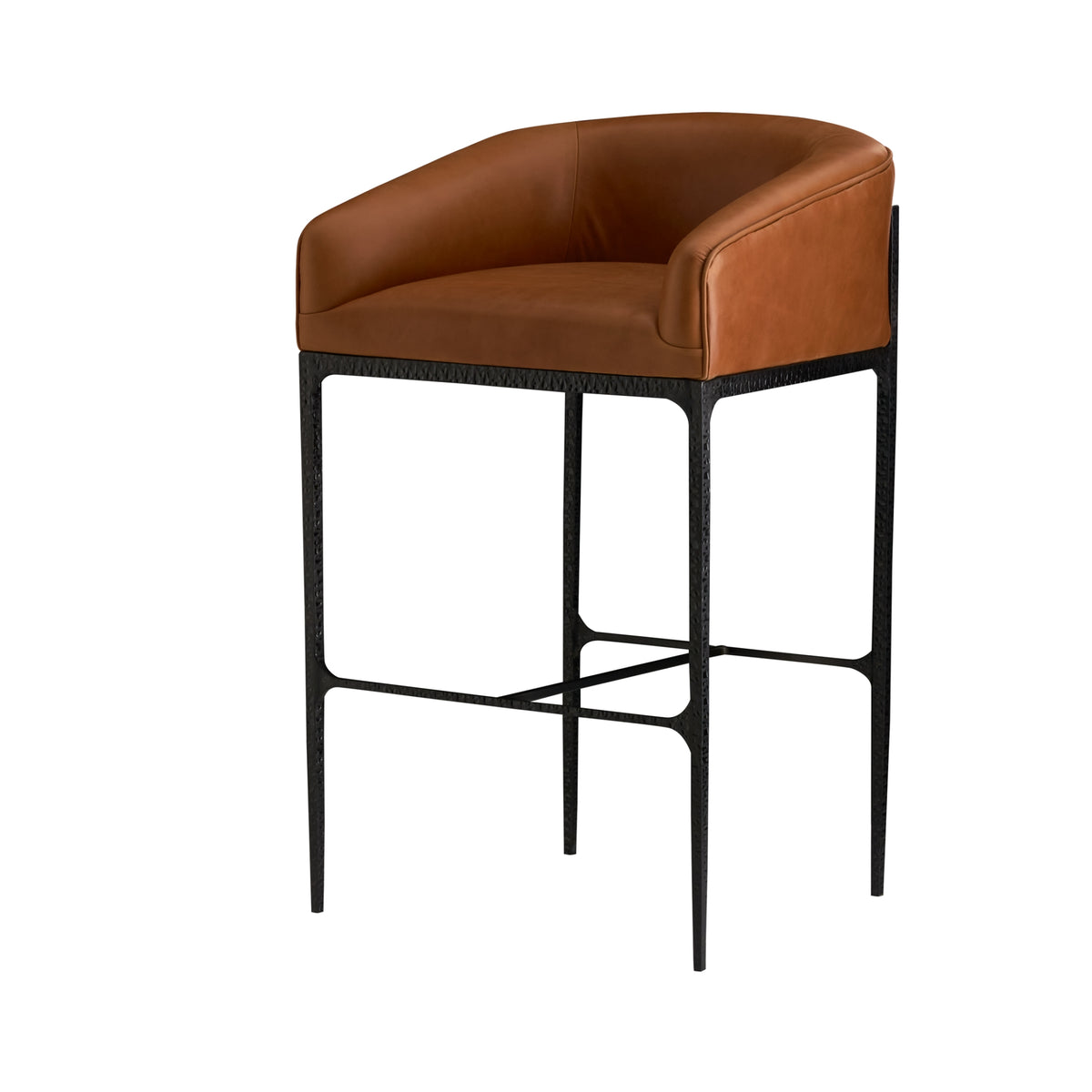 Brown leather bar stool with black metal legs on a white background