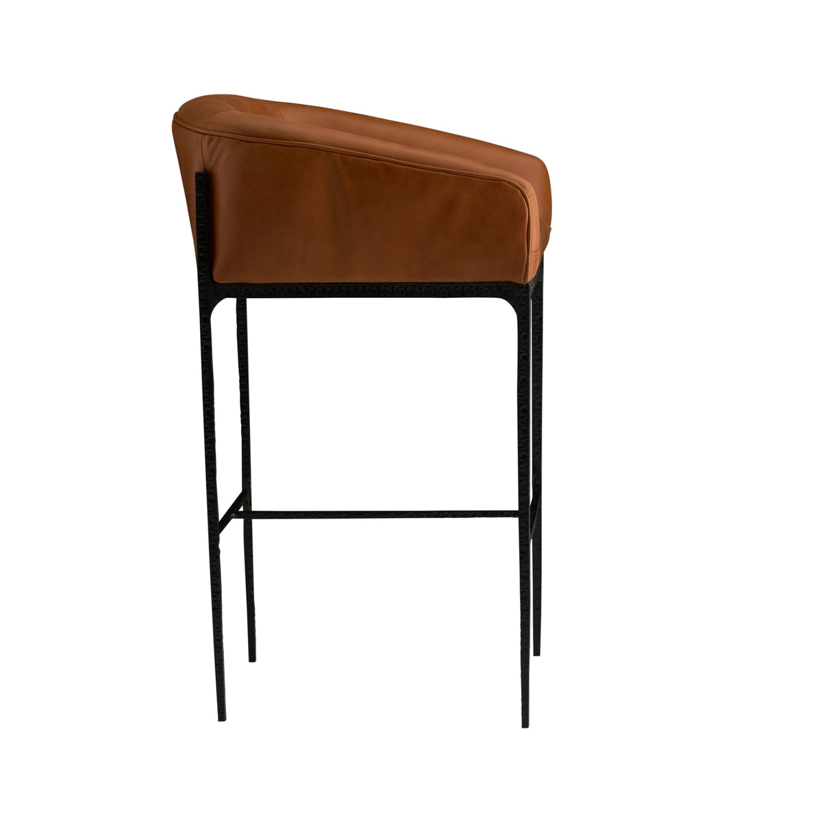Brown leather bar stool with black metal legs on a white background