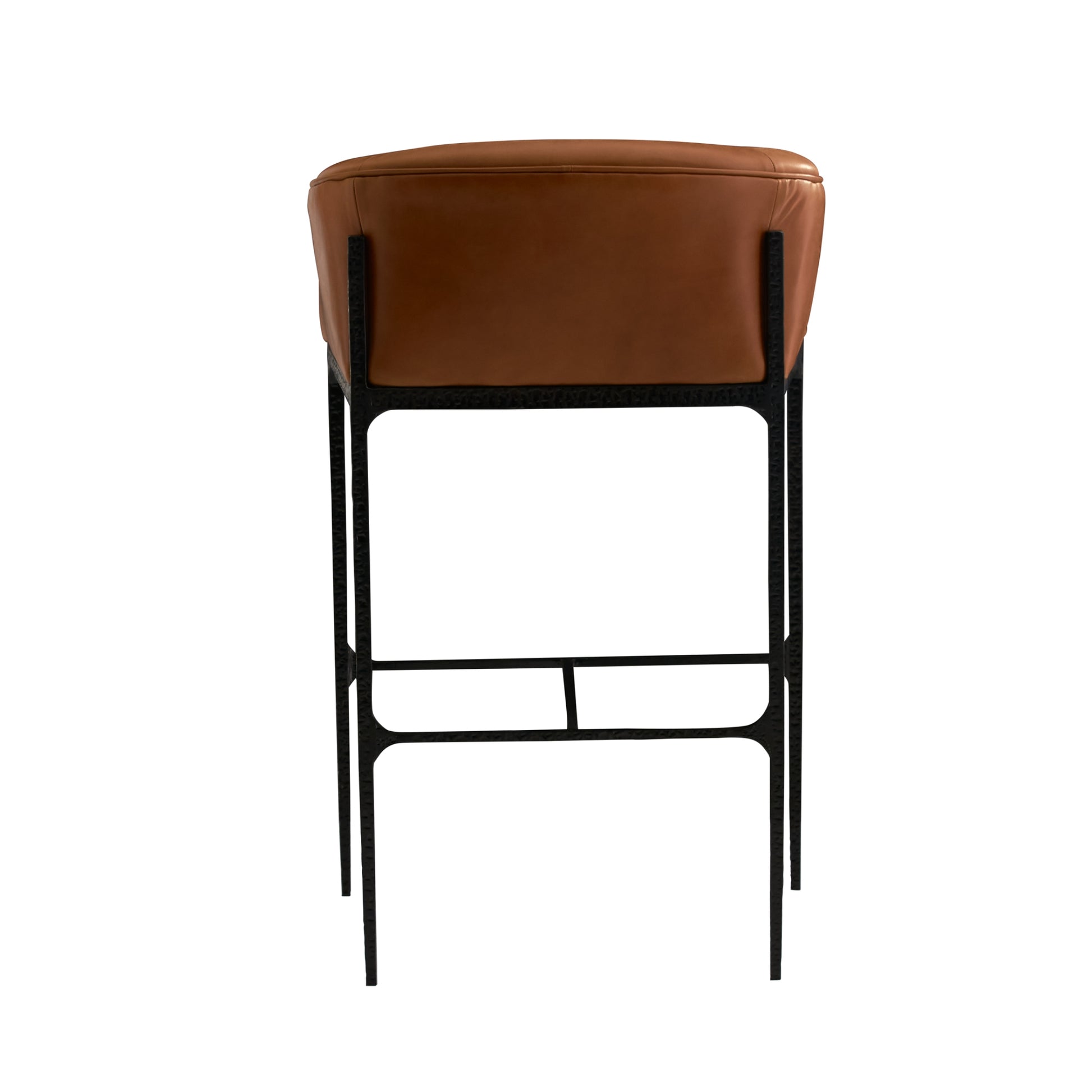 A modern bar stool featuring a warm brown leather cushioned seat and a black metal frame with a footrest, shown from the back against a plain white background.