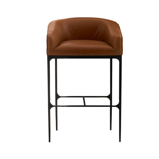 A modern bar stool with a warm brown leather seat and a black metal frame, shown against a plain white background.