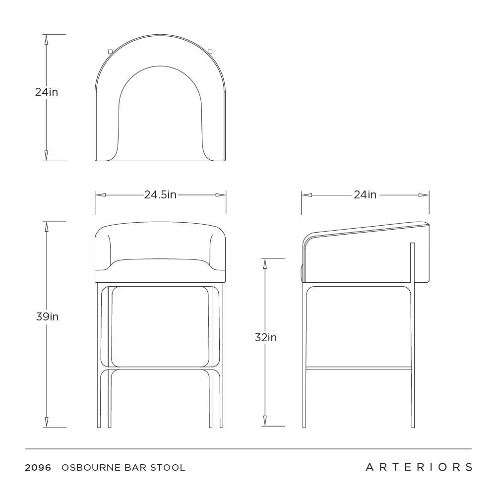 Technical line drawing of a bar stool showing front, back, and side views with dimension labels including 24 in, 24.5 in, 39 in, and 32 in, titled 2096 Osbourne Bar Stool.