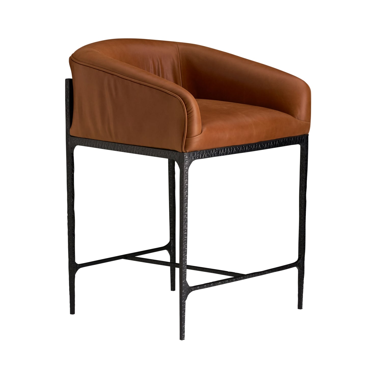 Brown leather bar stool with black metal frame on a white background