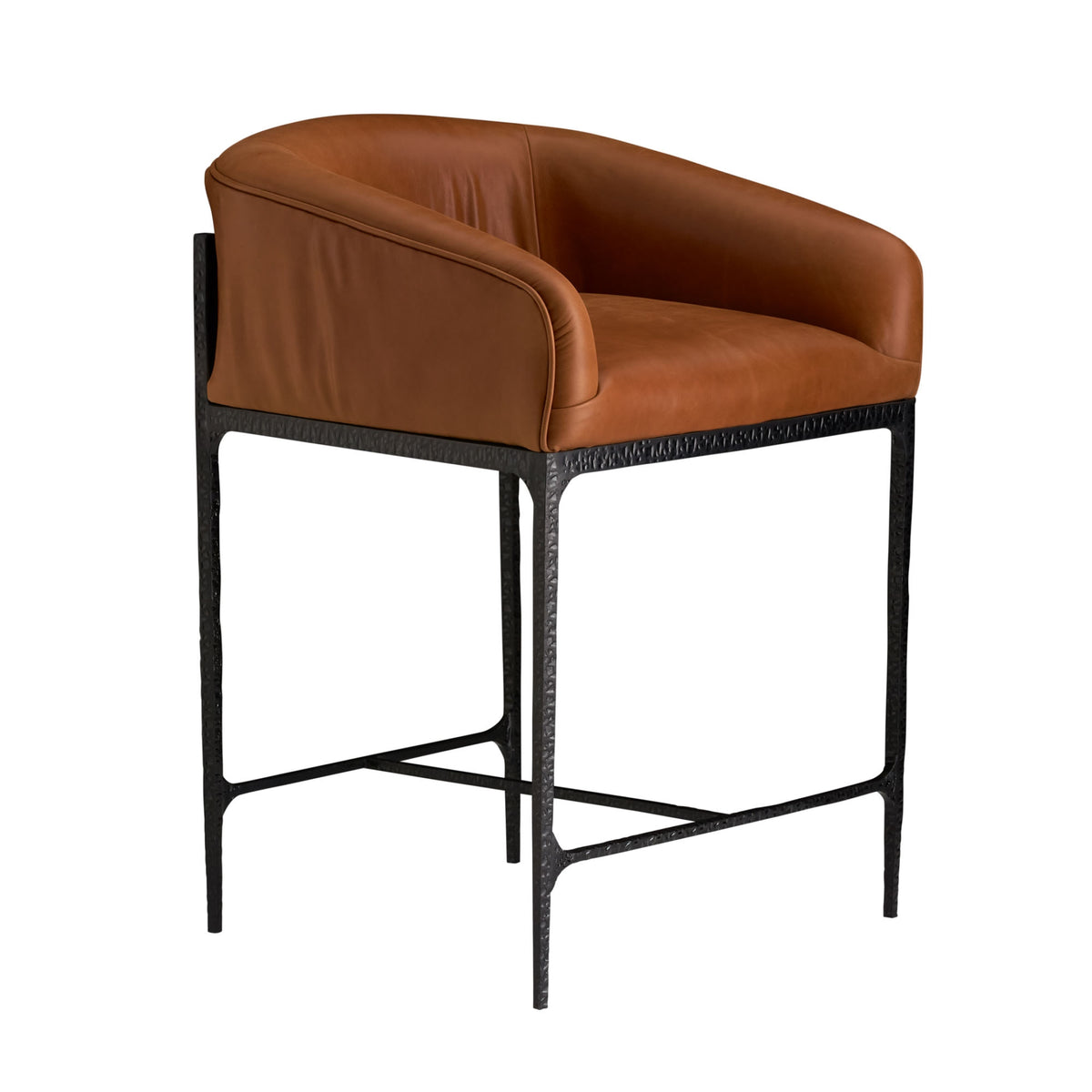 Brown leather bar stool with black metal frame on a white background