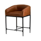 A modern bar stool with a curved backrest upholstered in warm cognac brown leather, supported by a black metal frame with textured legs, shown against a plain white background.