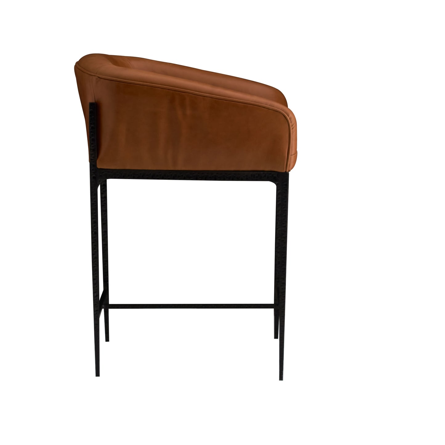 A modern barstool with a warm brown leather seat and a slim black metal frame, shown from a side angle against a plain white background.