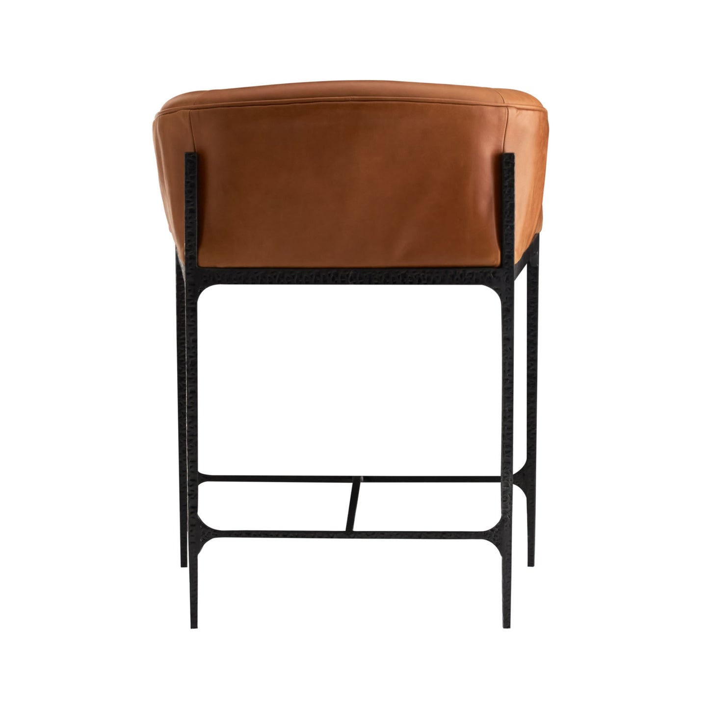 Brown leather bar stool with black metal frame on a white background