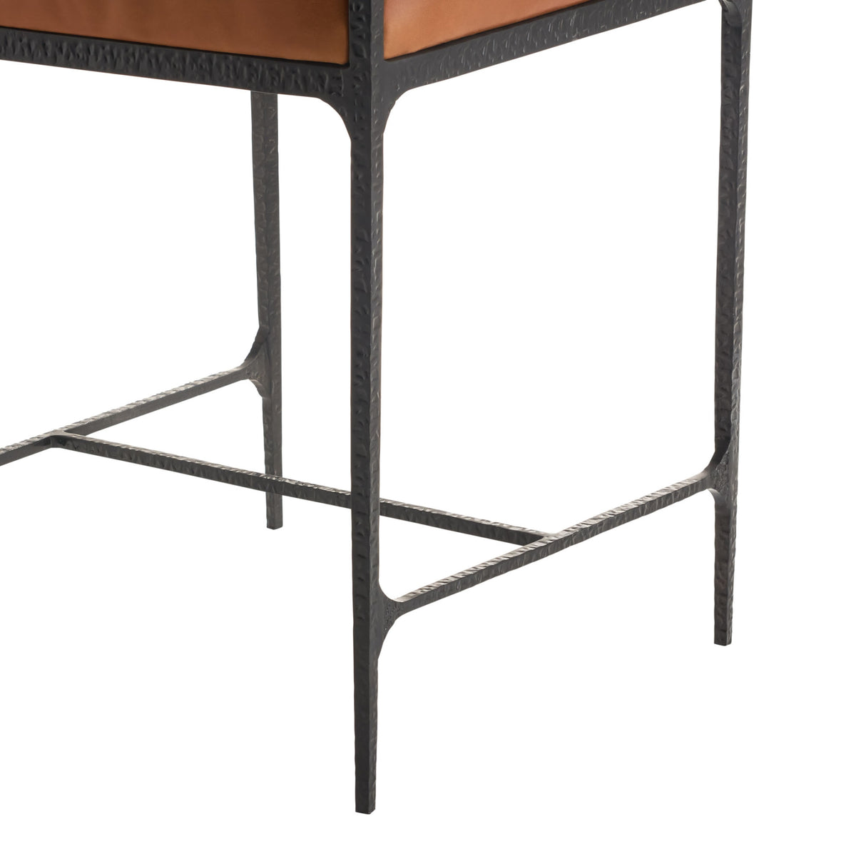 Close-up of a bar stool with a metal frame and wooden seat on a white background