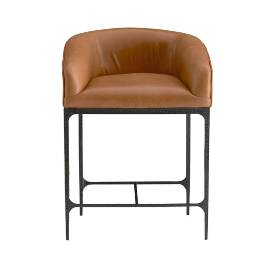 Brown leather bar stool with black metal frame on a white background