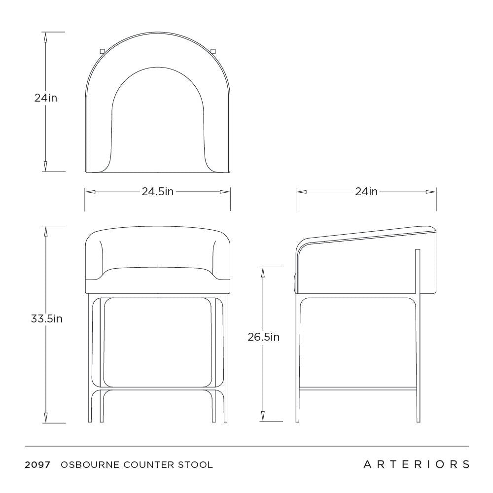 Technical line drawing of the Osbourne Counter Stool by Arteriors, showing front, side, and top-down views with dimensions labeled in inches.