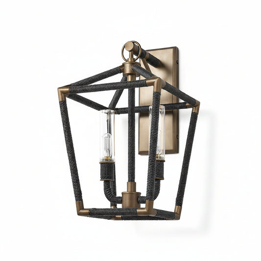 Decorative wall sconce with metallic frame and glass panels on a white background