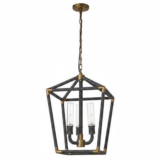 Decorative pendant light with black and gold cage design on a white background