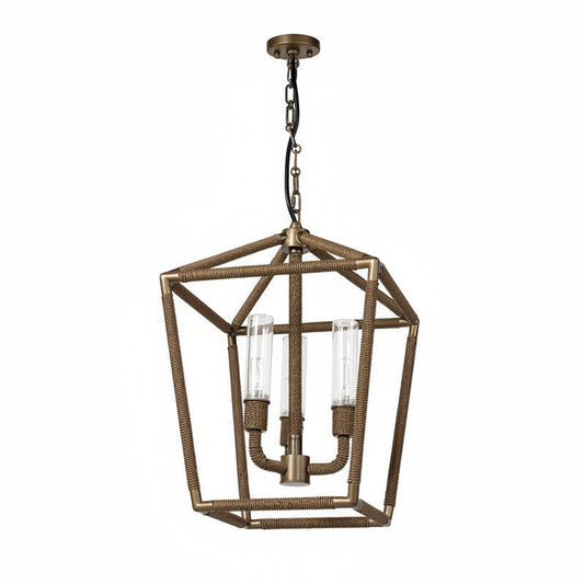 Decorative pendant light with geometric metal frame and clear glass shades on a white background
