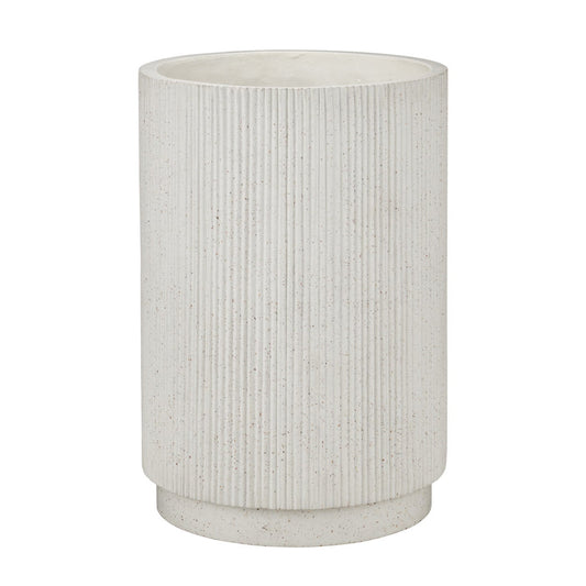 White ribbed cylindrical vase on a white background