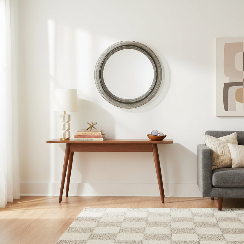 Modern living room with a gray sofa, wooden table, and decorative items.